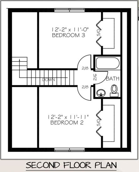 Floor plan of a 1040 Sqft 2 story ADU/Tiny house with 3 bedrooms and 2 bath