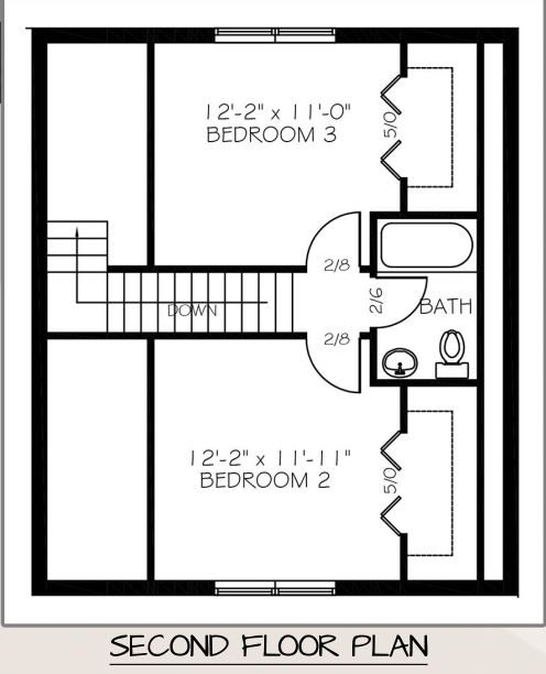 Floor plan of a 1232 Sqft 2 story home with 3 bedrooms and 2 bathrooms