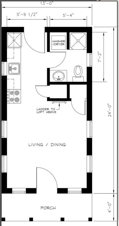 Floor plan of a 312 Sqft ADU/Tiny house with storage/sleeping loft