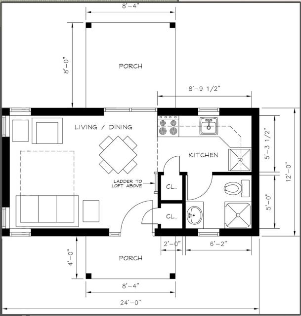 Floor plan of a 288 Sqft ADU/Tiny house with storage/sleeping loft
